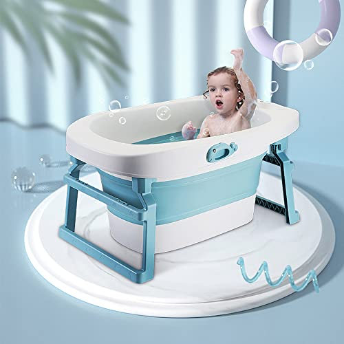 Bañera de Bebé Plegable, Piscina Portátil Bebé, con Taburete de ducha, Azul-blanco, 85×55×43 cm
