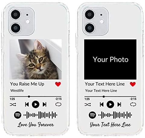 Personalisierte Handyhülle für iPhone 12 Mini, benutzerdefiniertes Foto-Song-Cover mit Spotify-Stilen, durchsichtige, weiche, selbst scannbare Handyhülle mit Musikplakette