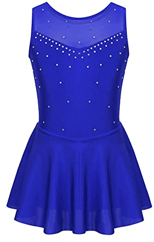 JEATHA Mädchen Glänzend Strass Eiskunstlauf Kleid Tanzkleid Ärmellos Ballettkleid Tüllkleid Rollschuh Sakter Kleider Ballett Trikot Tanzkleidung Blau A 134-140