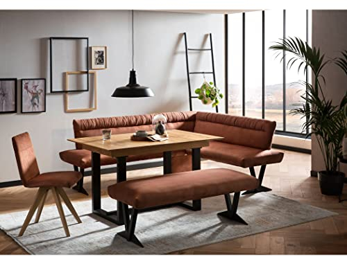 expendio Tischgruppe Esstisch Gunar 1XL 130(180) x90 cm Eiche rustikal massiv + 2X Bank Gelia 3 + 1x Stuhl Gelia Bezug Kombi Picante, kurzer Schenkel bei Eckbank:rechts