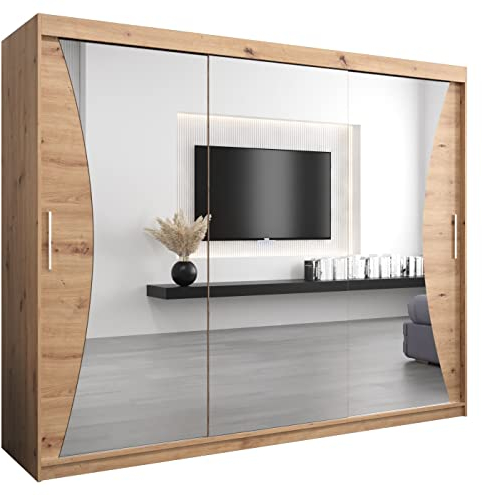 MEBLE KRYSPOL Kleiderschrank mit Spiegel Monaco - Garderobenschrank - Schrank Schlafzimmer - Mehrzweckschrank DREI Schiebetüren - Regalen - Flur Möbel - Kleiderstange Schrank - Allzweckschrank