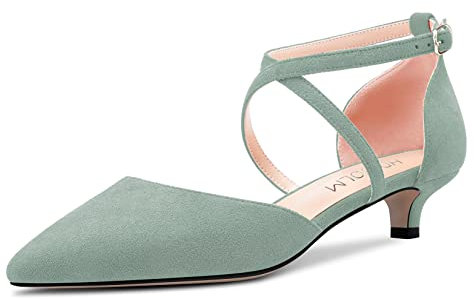 HDEUOLM Damen Niedrige Kitten Absatz Heel Geschlossene Spitze Zehenkappe Sandalen Knöchelriemen Kreuzriemen Schnalle Pumps Hochzeit Sexy Dress 3.5 cm Heels Schuhe Grün Wildleder B 37 EU