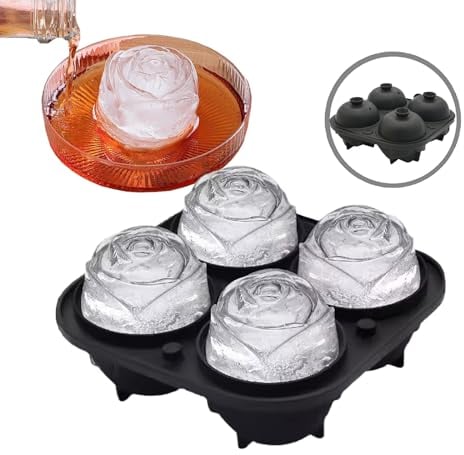 Moule a glace à rose 4 cavités, Grand fleur bac à glaçons en silicone avec couvercle, Moule DIY pour les cocktails, le whisky, les jus de fruits, moule glacon pour congélateur