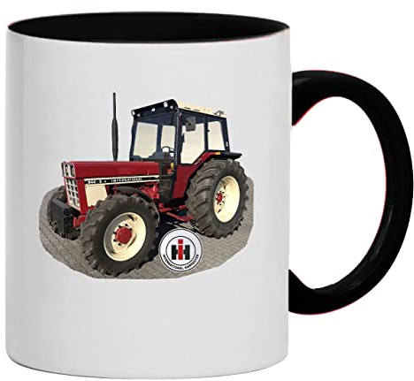 IHC Harvester 844-S Traktor Abbildung Tasse Kaffeebecher Keramik, 330 ml Inhalt | Weiß/Schwarz