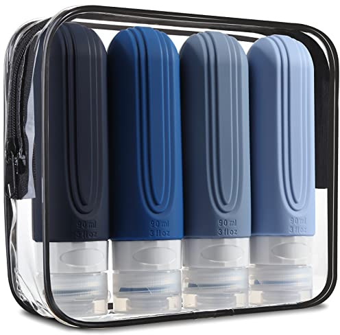 Mrsdry Travel Bottle for Toiletries, Leak Proof Silicone Travel Size 90ml Bottles Refillable Containers for Liquid Shampoo, BPA Free and TSA Approved Travel Accessories with Clear Bag (4 Pack)