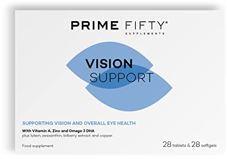 Prime Fifty Vision Support Lutein, Zeaxanthin & DHA, 28 Days | Lutein and zeaxanthin with DHA, vitamin A, riboflavin and zinc in a targeted eye nutrition formula for over 50s.
