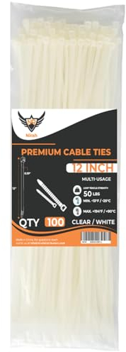 Nirah 12 Inch Zip Cable Ties (100 Pack), Self-Locking, UV Resistant Premium Nylon Heavy Duty White/Clear Cable Wire Ties, Temper proof and ideal for Indoors and Outdoors Use
