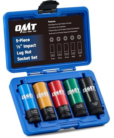 Orion Motor Tech 1/2 Drive Lug Nut Socket Set, Metric 17 19 21 mm & SAE 13/16 7/8 in. Wheel Socket Set, 5pc Impact Lug Nut Socket Set, Thin Wall Lug Nut Sockets with Colored Protective Covers