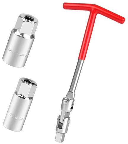 Spark Plug Removal tool, Stainless Steel 16mm and 21mm Spark Plug Socket Removal Wrench Tool Set Flexible Spanner Silicone Red T-Bar Handle for Easy Removal