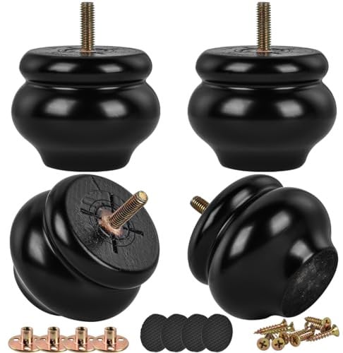 Btowin 2 Inch / 5cm Solid Wood Furniture Legs, 4Pcs Black Round Gourd Wooden Bun Feet with Threaded M8 Hanger Bolts & Mounting Plate & Screws for Sofa Couch Cabinet Chair Ottoman