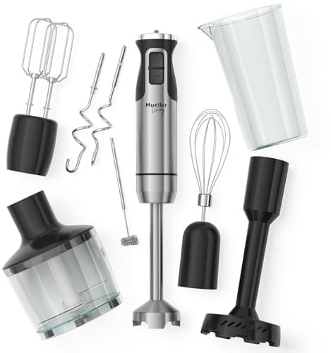 MuellerLiving Immersion Hand Blender - Full Set 7 Attachments, 8 speed | Mixer with 7 Attachments: Stainless Steel Blade, Whisk, Milk Frother, Beater, Mixing Hooks, Potato Masher, Chopper Bowl