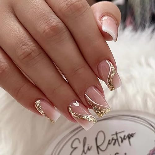 Angwis 24pcs Short Square False Nails Gold Glitter Sequins Stick on Nails Nude Pink White Heart Swirl Press on Nail Removable Glue-on Full Cover Acrylic Fake Nail Art Accessories for Women Girls