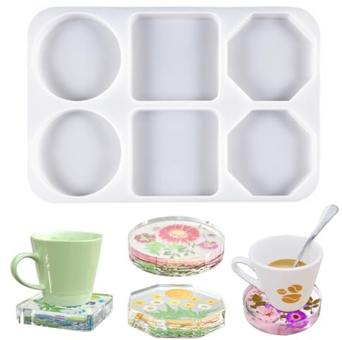 SamHeng 6 cavità Stampi in Resina per Sottobicchieri, Fatto a Mano Stampi in Silicone Epossidico Stampo per Sapone, Grande 4 Pollici Rotondo Quadrato Ottagono Sottobicchiere in Fusione di Resina