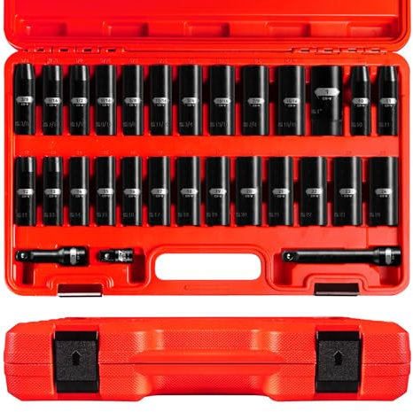 pgroup Steckschlüsselsatz mit 1/2-Zoll-Antrieb, 29-teilig, Standard-6-Punkt-SAE und metrische Größen (3/8-1 Zoll, 10-24 mm), Chrom-Vanadium-Stahl, mit 7,6 cm, 12,7 cm Schlagverlängerungsstangen und
