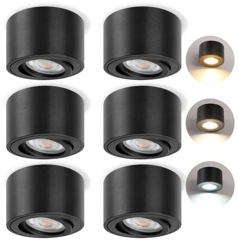 YindaLux 6x 3CCT LED Aufbauspots Schwarz - Extra Flach & 30° Schwenkbar Spots Deckenleuchte - Ø80x50mm - Decke inkl. 5W 500LM Dimmbar LED Modul 230V - Deckenspots, Deckenstrahler Aufbaustrahler