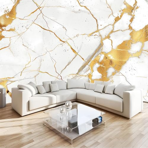 Papier Peint Intissé Texture dorée en marbre Effet 3D Tapisserie Murales Papier Peint 400 x 280 cm Muraux Photo Décoration Murale Salon Chambre
