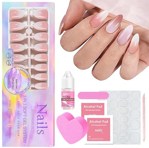 Falsche Nägel Tips Set - 150Stk Press on Nails French Medium Almond, Weiß Rosa Gradient Design Tips für Nägel Full Cover Acryl Künstliche Fingernägel für Frauen & Mädchen (Rosa Mandel, 150x)