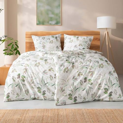 ESTELLA Bio Mako Satin Bettwäsche 135x200 Bertha grün Natur Blätter 3416-530