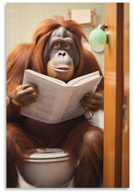 Poster sur toile vintage avec singe amusant assis sur les toilettes et lisant un journal - 60 x 90 cm