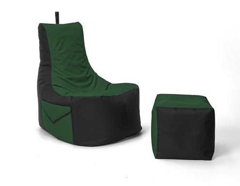 Nadimaideal Gaming Sitzsack XXL mit Hocker für Kinder, Teenager & Erwachsene | Indoor & Outdoor | Bodenkissen - Sessel - Beanbag bereits gefüllt | Füllung EPS Perlen (Dunkelgrün, Zweifarbig)