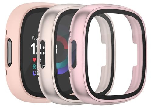 Vancle 3Stück Schutzfolie für Fitbit Versa 4 Hülle/Sense 2 Schutzhülle,Vollständige Abdeckung Schutzfolie Hard PC Schutz Displayschutz Folie Gehäuse für Sense 2(Roségold/Rosa/Starlight)