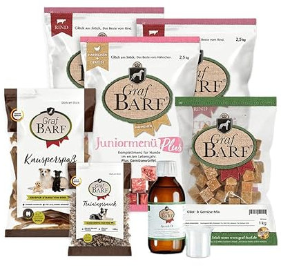 GRAF Barf Einsteigerpaket für Junioren (2xJuniormenü Rind,1xJuniormenü Plus Hähnchen/Huhn, 1xObst- & Gemüse-Mix, 1xKnusperstange, 1xTrainingssnack (klein), 1xGraf Barf Spezial-Öl