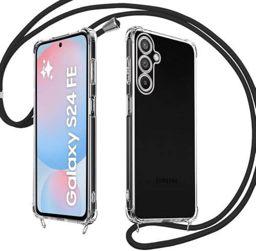 E-Lush Handyhülle für Samsung Galaxy S24 FE 5G Hülle mit Band, Transparent Silikon Handy Hülle für Samsung S24 FE Schutzhülle mit Kordel Abnehmbar, TPU Stoßfest Case zum Umhängen Necklace, Schwarz