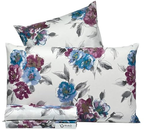 Riad Arredo Set Completo Letto Matrimoniale in 100% Cotone Morbidissimo - Completo Lenzuola in Cotone Delicato (Venezia Blue Fucsia)