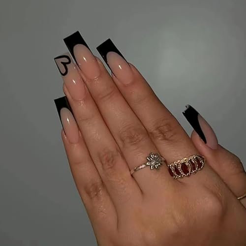 24Pcs Fake Nails, Press - On False Nails, Short To Medium Square Shape, Black Edge and Nude Pink, Black Heart French Style, Reusable Nails