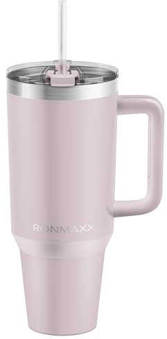 IronMaxx Cup mit Griff - Rose 1,2L | mit inkludiertem Strohhalm | Schlankes modernes Design aus rostfreiem Edelstahl | doppelwandige Isolierung | hält Warm und Kalt