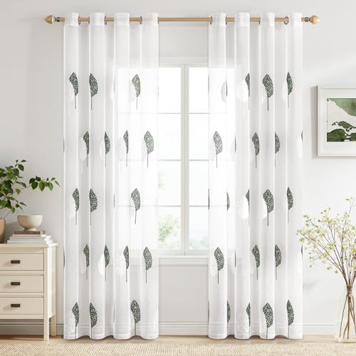 MIULEE Gardinen mit Dunkelgrün und Weiss Blätter Muster 2er Set 140x245cm | Modern Stickerei Wohnzimmer Vorhänge Transparent mit ösen für Schlafzimmer Deko, Schöne Blätter Muster Vorhang Fenster