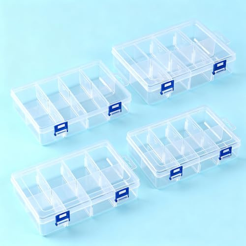 Punxasl 4er Pack Klare Kunststoff-Organizer Box, 8-Fach Perlen Aufbewahrungsbox mit Verstellbaren Trennwänden, Schmuck Bastelbox für Perlen, Haken, Nägel, Schrauben, Angelzubehör (4 Stück)