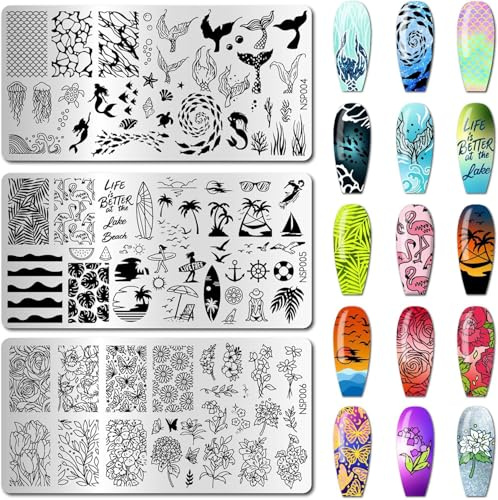 arriettycraft 3pcs Ocean Beach Nail Stamping Plates, Bow Nail Stamper Flowers Art Stencils Stainless Steel Image Plate for Nails Art Design Manicure Salon