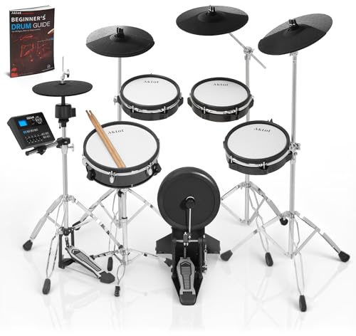 AKLOT Voll erweiterbares elektrisches Schlagzeug-Set: unabhängiges Standsystem, 12 Zoll Holz-Snare, unabhängiges Hi-Hat und Triple-Zone Ride Becken, Mesh Bass Drum, 475 Sounds, Drumsticks