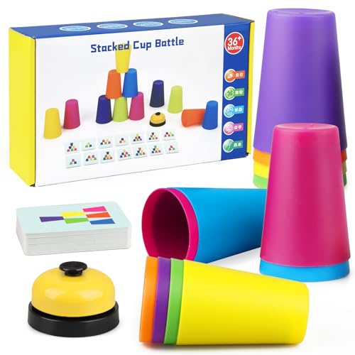 Große Sport Stapelbecher, Speed Cups, Stapelspiel, Speed Cups Spiel, Mit 12 Speed ​​Cups, 50 Karten und 1 Klingel Anrufen, Becher Stapeln Training Stapelbecher Spielzeug für Kinder und Erwachsene
