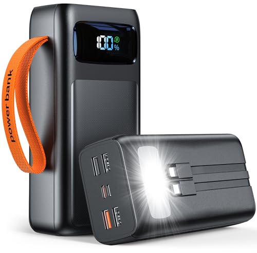 50000mAh Power Bank PD 30W Batterie Externe,Charge Rapide Grande Chargeur Externe 7 Sorties avec câble USB‑C et Affichage LED, Lampe de Poche,Chargeur Portable pour Smartphones Tablette