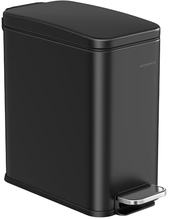SONGMICS Bathroom Bin, Narrow Pedal Toilet Bin with Lid, Slim for Small Spaces, Steel, Soft Close, 1.3 Gallons (5 L), Black LTB560B05