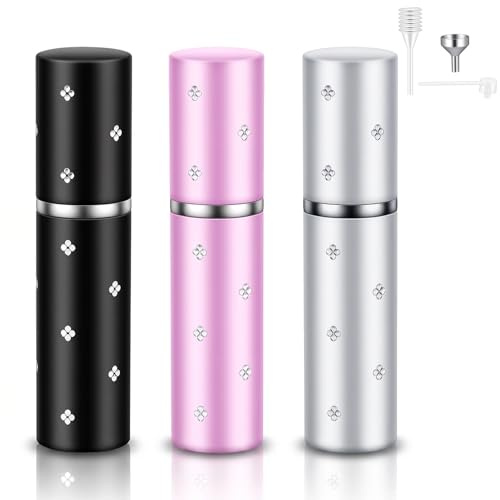 Lot de 3 Vaporisateurs de Parfum Vide 10ml,Flacon Pompe Rechargeable en Verre et Aluminium,Mini Bouteille de Voyage Portable avec Entonnoir pour Cosmétiques et Huiles Essentielles(Noir,Argent,Rose)
