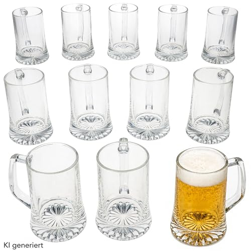 MamboCat 12er Set Akki Bierkrug I 0,2 L, Höhe 12,2 cm I für 12 Personen I Bierhumpen aus Glas mit Sternboden & Henkel I transparente Biergläser 200 ml I Bierseidel für Partys