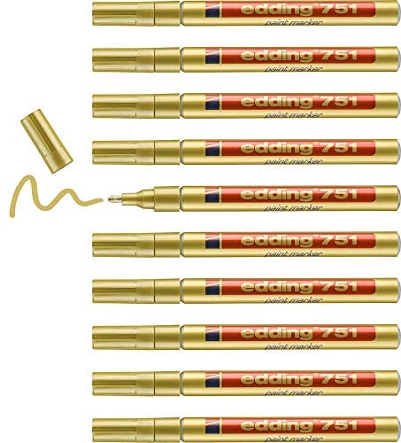 edding 751 Lackmarker - gold - 10 Lackmarker - Rundspitze 1-2 mm - Lackstift für Glas, Stein, Holz, Kunststoff und Papier - wasserfest, stark deckend