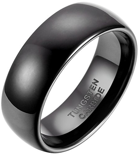 JewelryWe Schmuck 8mm Breite Glänzend Wolframcarbid Herren Damen Ring Jahrestag Verlobung Hochzeit Band Schwarz Klassik Dom Größe 53