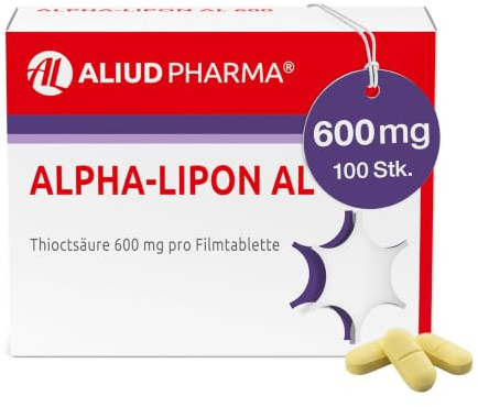 Alpha-Lipon AL 600, 100 Stk., Alpha-Liponsäure hochdosiert, ALIUD PHARMA | Filmtabletten mit 600 mg Alpha-Liponsäure, bei diabetischer Polyneuropathie, Kribbeln, Brennen & Taubheitsgefühl, 1x täglich