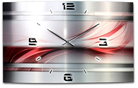 Kreative Feder „Abstrakt“ - Designer-Wanduhr aus gebürstetem Aluminium Größe 50x30cm mit leisem Uhrwerk wahlweise Funk oder Quarz (Rot Metallic, leises Funkuhrwerk)