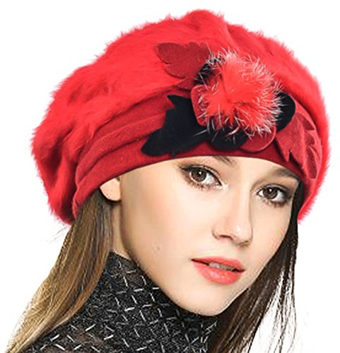VECRY Damen Wolle Barette Angola Kleid Beanie Schädel Mützen Stricken Winter Hüte (Rot)