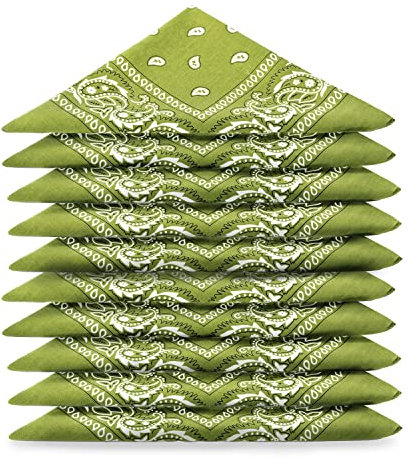 Lot de bandanas 100% Coton paisley foulard fichu - Vert Kaki - Lot de 10 identiques
