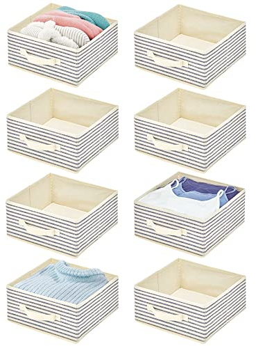 mDesign 8er-Set Aufbewahrungsbox aus Stoff – kompakte Box für Ordnung im Kleiderschrank – Stoffkiste mit Griff und offener Oberseite für Kleidung, Decken, Accessoires und mehr – naturfarben und blau