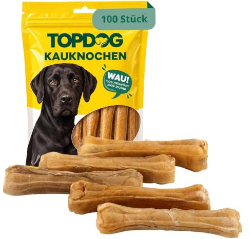 Topdog Kauknochen Hund 100 Stück (12 cm) – Hundeknochen aus 100% Rinderhaut natürlich – Kauartikel Hund/Kaustangen für große und kleine Hunde – Hundekauknochen Qualität aus Deutschland