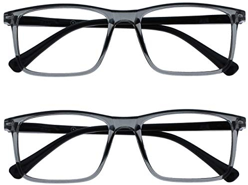 OPULIZE Ink Lessebrille 2er Pack Groß Rechteckig Rahmen Federscharniere Kratzfest Transparent Grau Schwartz Bügeln Herren Damen RR4-7 +2.50