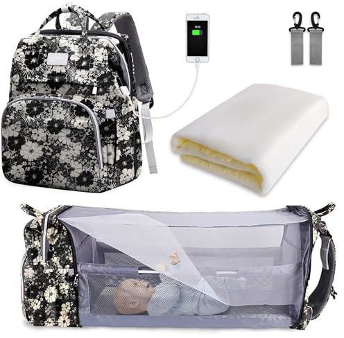 SNDMOR Wickeltasche Rucksack, wickelrucksack mit bettfunktion Großer, Multifunktionale Diaper Bag Mit Wickelunterlage, Kinderwagen-Haken, Geeignet für Mama und Papa (Schwarz-Weiße Blumen)