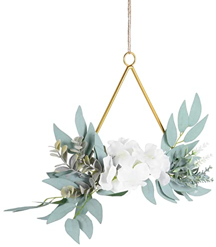 VALICLUD Künstliche Blumen Türkranz Metall Blumenkranz Floral Wandkranz Metallkranz Eukalyptus Kranz Girlande Metallringe Hochzeit Türschild für Frühling Haustür Deko Anhänger Wohnzimmer Wanddeko